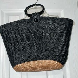 Women’s Boho Summer Straw Handbag Black & Tan Inner Pockets Black Round Handles